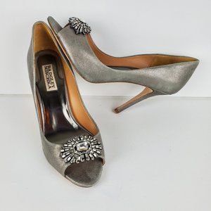 Badgley Mischka wedding shoes jewelled pewter leather 8 M silver
